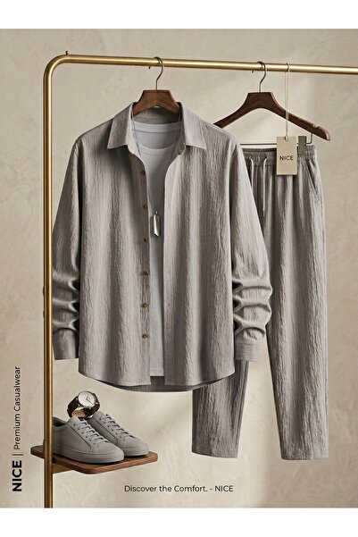 NİCE Καλοκαιρινό Άνετο Σετ Πουκάμισο από Ύφασμα Λύκρα για Γυναίκες και Άνδρες...