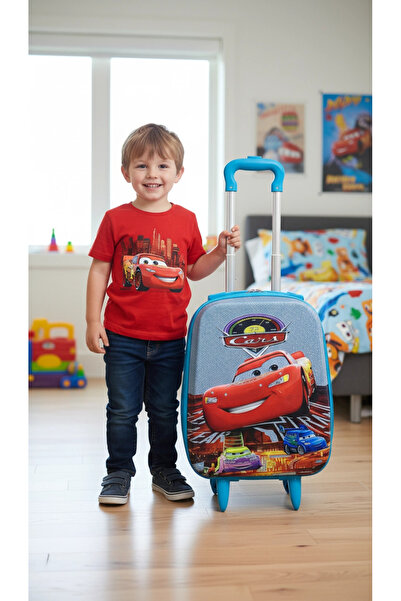 Nishev.com Evini Sev Cars Karakterli Erkek Çocuk Mavi Kabin Boy Çekçekli Valiz