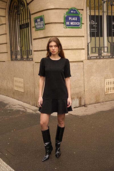 armonika Women's Black Crew Neck Skirt Hem Flounce Short Sleeve Zipper Dress ...