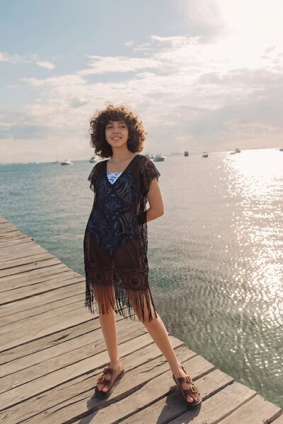 armonika Women's Black V-Neck Tulle Pareo with Lace Tassels on the Sides Arm-...