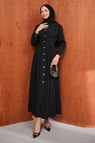 İmajButik Μαύρο πλισέ φόρεμα με κουμπιά