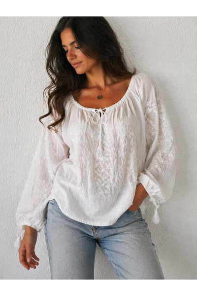 Nobrand Παραδοσιακό λευκό φόρεμα με εκλεκτό λευκό-σε-λευκό κέντημα, κομψό μπο...