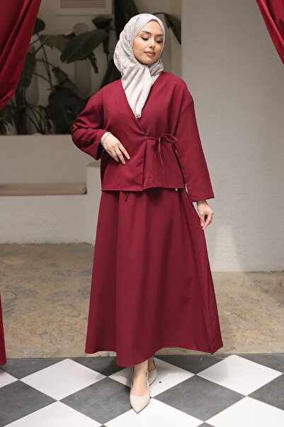 İmajButik Μπορντό Σετ Κιμονό με Πλαϊνές Δέσεις και Φούστα