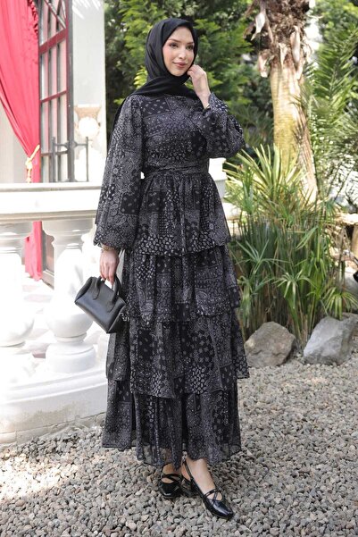 İmajButik Black Skirt Layered Patterned Chiffon Dress