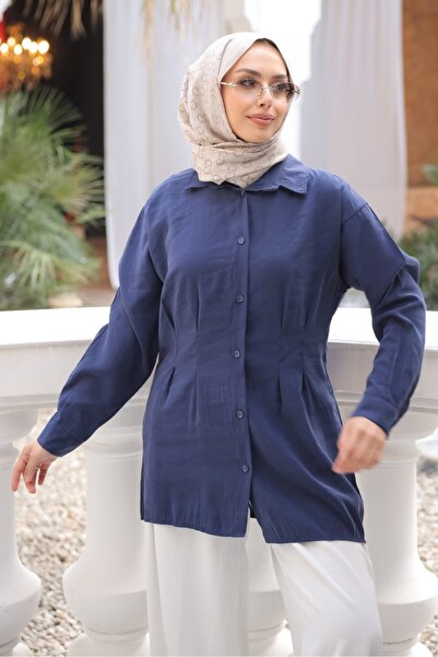 İmajButik Navy Blue Modal Woven Shirt with Front Pleated Detail