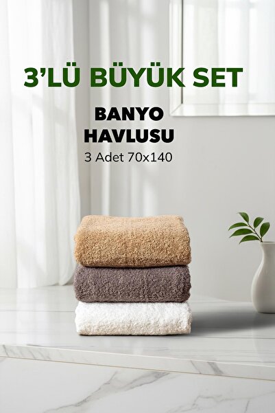 Cotto Home 3 lü Çizgili Havlu Takımı Bej Beyaz Fume Kahve Yumuşak Pamuk Banyo...
