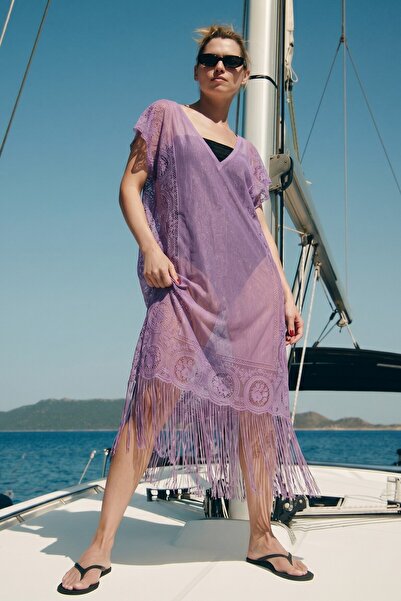 armonika Γυναικείο λιλά παρεό από τούλι με λαιμόκοψη V και δαντελένιες φούντε...