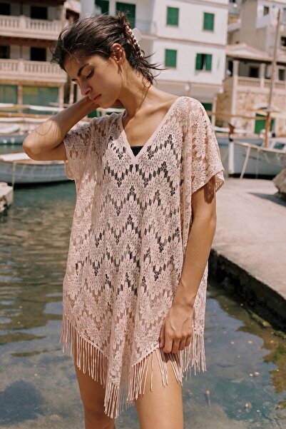 armonika Women's Beige V-Neck Tie-Waist Asymmetrical Tulle Pareo Arm-26Y001097