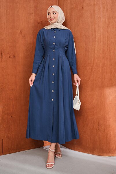 İmajButik Φόρεμα με πιέτες σε μπλε ναυτικό χρώμα με κουμπιά