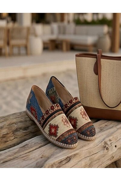 futsi shoes MAGNOLIA Lacivert Kilim Desenli Hakiki Deri Kadın Etnik Desen Esp...