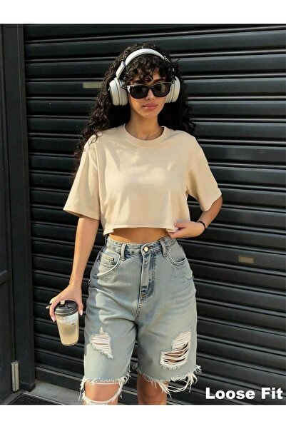 ZİYMO Tricou crop oversize pentru femei, cu decolteu tip crew neck