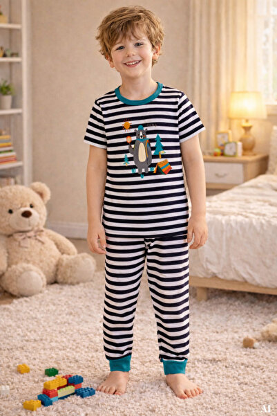 koza iç giyim Erkek Çocuk Pamuklu Çizgili Baskılı Kısa Kollu Uzun Alt Pijama Takımı