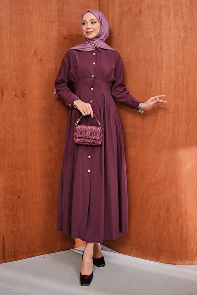 İmajButik Φόρεμα με πιέτες και κουμπιά σε μπορντό χρώμα