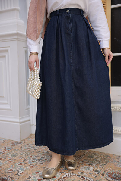 İmajButik Ναυτικό μπλε πλισέ τζιν φούστα