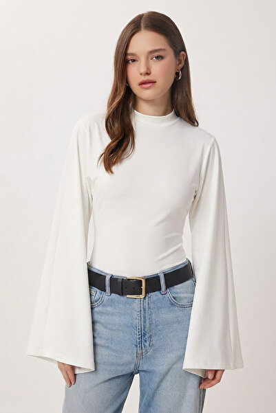 Lovelyİstanbul Ισπανική πλεκτή μπλούζα με μανίκια LRN0021 ECRU