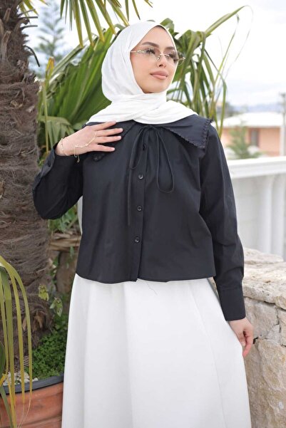 İmajButik Μαύρο πουκάμισο ποπλίνα με δαντέλα στο γιακά