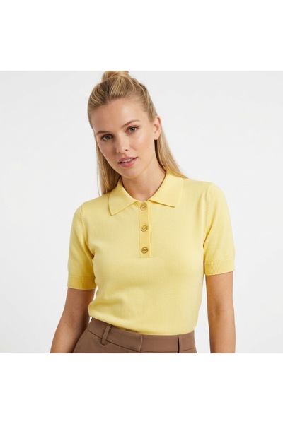 Arbucky Women's Gold Buttoned Polo Collar Knitwear Blouse