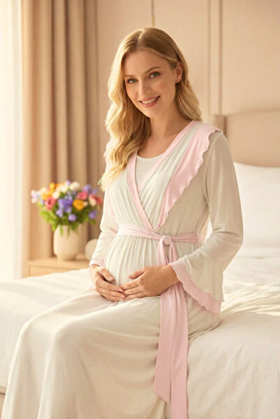 Rimel Homewear Kruvaze Yaka Fırfır Detaylı Lohusa Sabahlık Gecelik Takımı - P...