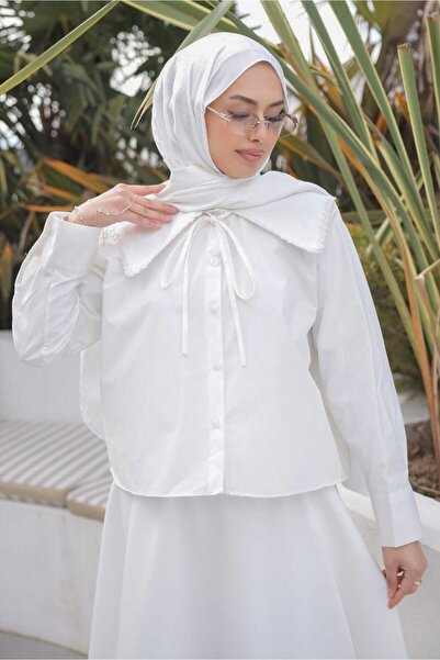 İmajButik Εκρού πουκάμισο ποπλίνα με δαντέλα στο γιακά