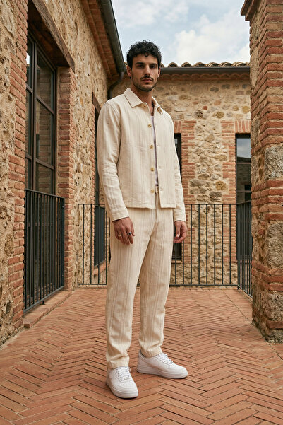 Livio Ferri Talbot Premium Λινό Σετ Ανδρικό Παντελόνι με Σχέδιο και Κουμπιά, ...