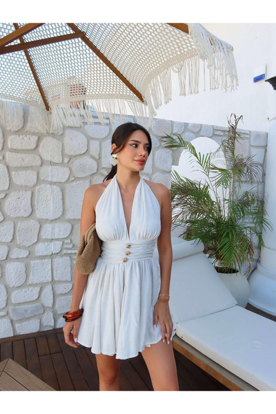 HARMONY GLOBAL Εκρού Μίνι Λινό Φόρεμα με Δέσιμο στο Λαιμό – Με Λεπτομέρεια στ...