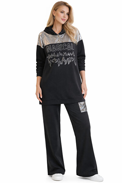 Butik Ayseba Women's Black Stone Hooded Foil Pants Sweatshirt Set