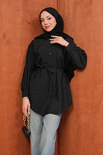 İmajButik Black Buttoned Modal Shirt with String Tie