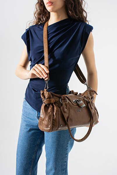 571 Collections Çanta Πλυμένη δερμάτινη τσάντα ώμου - Καφέ - Με αξεσουάρ κλει...