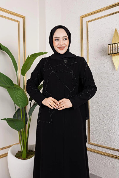 Butik Siyah Petek Krep Kumaş Taş Detaylı Fermuarlı Ferace Modelimiz