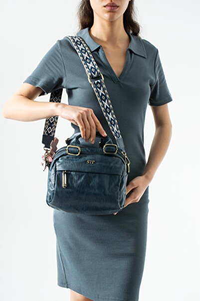 571 Collections Çanta Πλυμένο δερμάτινο λουράκι χιαστί, τσάντα ώμου μπλε Μοντ...