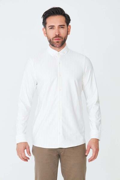 White Stone Μπεζ μακρυμάνικο ριγέ ανδρικό πουκάμισο