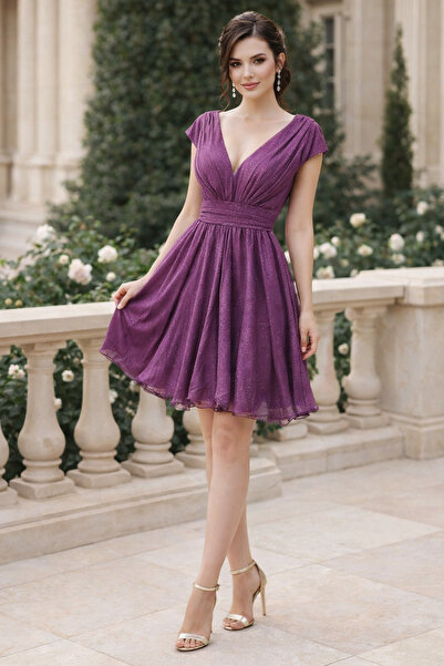 Divin store Κομψό δαμασκηνί φόρεμα με γκλίτερ και βέλο "