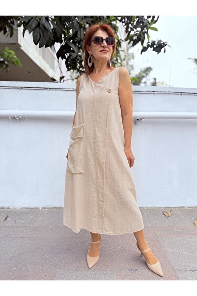 DenizEge Φόρεμα με λινό λουράκι και μεγάλη τσέπη, μπεζ