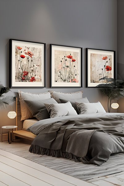 STARYUNA Μαύρο ξύλινο πλαίσιο με λουλούδια παπαρούνας, σετ τριών πινάκων Ucyu...