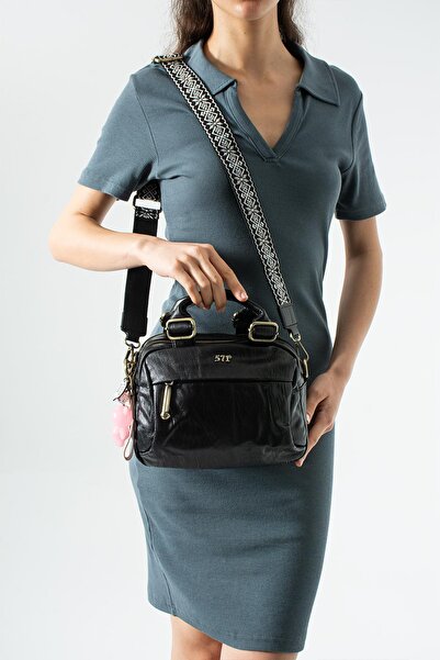 571 Collections Çanta Πλυμένο δερμάτινο λουράκι χιαστί, τσάντα ώμου Μαύρο Μον...