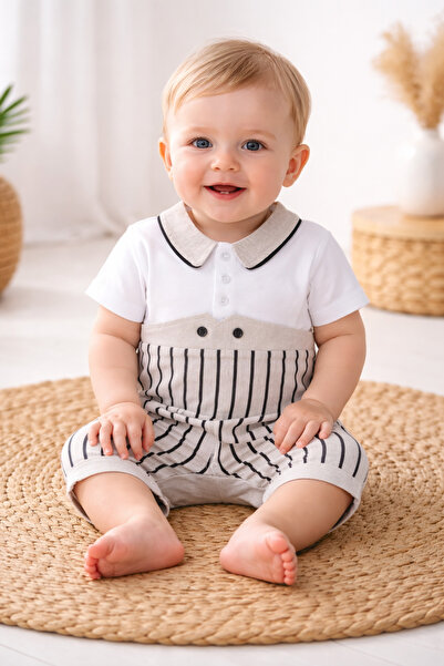 Momivi Kids Erkek Bebek&Çocuk Keten Dokulu Çizgili Yazlık Tulum Polo Yaka Şor...