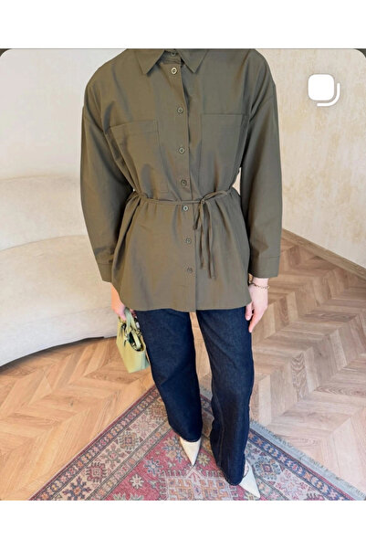 Butik Haki Belden Bağlamalı Basic Gömlek