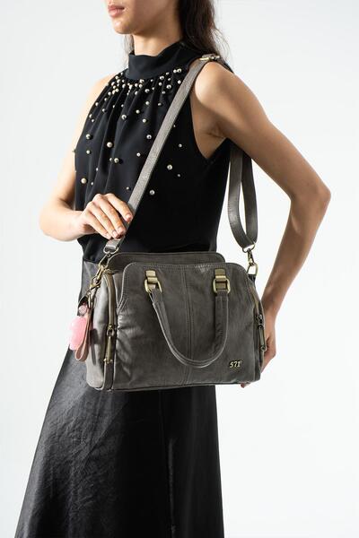 571 Collections Çanta Πλυμένο δερμάτινο λουράκι χιαστί, τσάντα ώμου γκρι Μοντ...