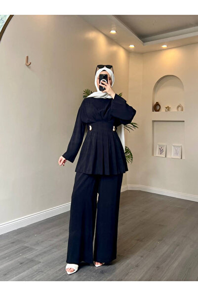 Esre Store 40719 - Σετ Modal με λεπτομέρεια από πιέτες, ζώνη και αγκράφα, Μαύρο