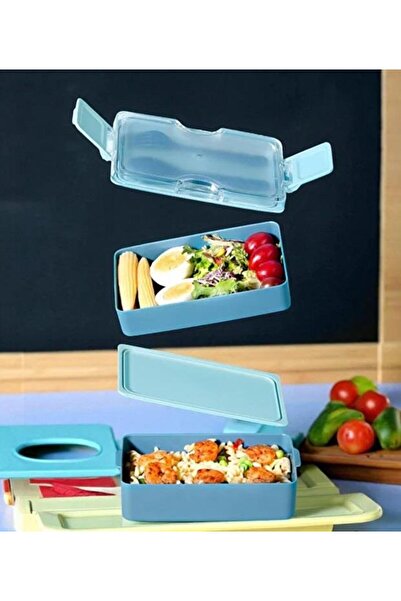 Relaxion Κουτί φαγητού 600 ML, 2 επιπέδων, μπλε κουτί φαγητού με πιρούνι και ...