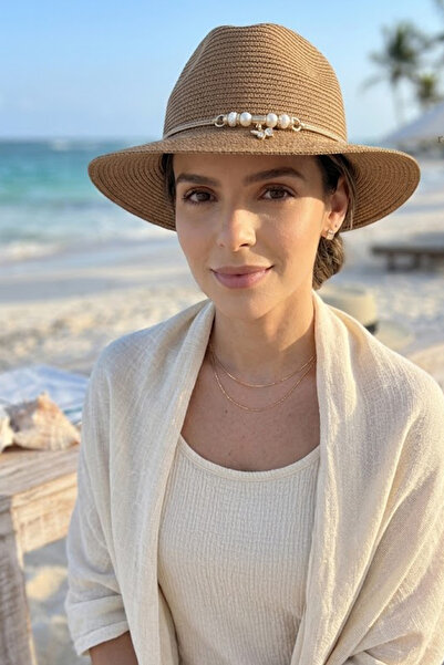 Ritagarcia Γυναικείο ψάθινο καπέλο Fedora, κομψό καπέλο παραλίας με αξεσουάρ