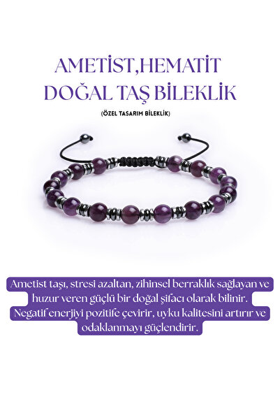 Sırlı Taş Ametist, Hematit Doğal Taş Bileklik, Unisex Bileklik, Tasarım Bilek...