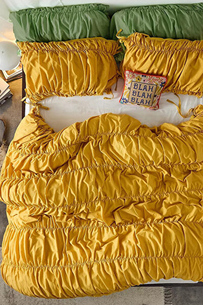 İQON Σετ Παπλωματοθήκη Μονόπλευρο Πλισέ Χρώμα Μουσταρδί