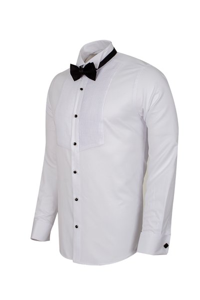 MAKROM Men's White Ata Collar Pleated Tuxedo Shirt |   Double Cuff with Bow Tie and Cufflinks