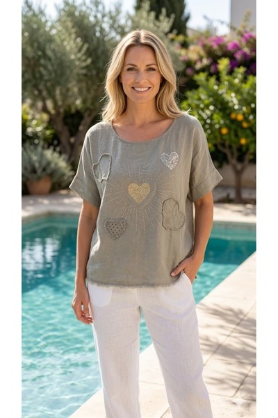 Punta Otantik YG46440 Ιταλική Ακατέργαστη Λινή Μπλούζα με Καρδιές και Πέτρες ...