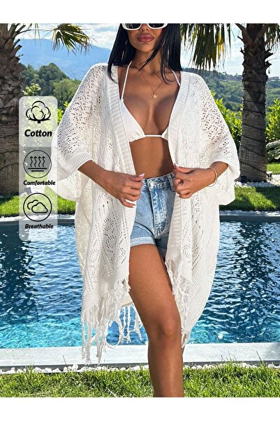 Jinx Wear Fashion Καλοκαιρινό κροσέ κιμονό γυναικείο παρεό παραλίας με φούντε...