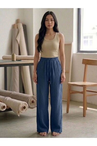 LOUİSA Γυναικείο παντελόνι από ύφασμα μουσελίνας Indigo Blue Loose Fit