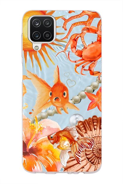 FLAMENKO Samsung Galaxy A22 / M22 / M32 Compatible Orange Fish Pattern Transp...