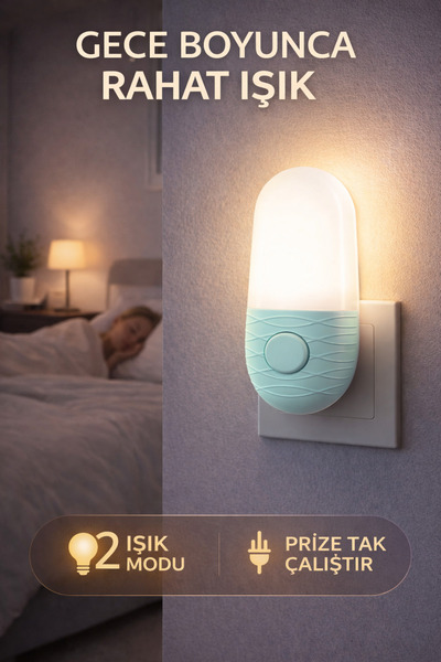 Edison Mavi 2 Modlu Gece Lambası Tak Çalıştır Priz Tipi LED Gece Işığı Bebek ...