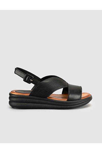 Cabani Μαύρα γυναικεία σανδάλια άνεσης από γνήσιο δέρμα